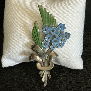 Vintage Pot Metal Brooch Blue Enamel Flowers 3 inch
