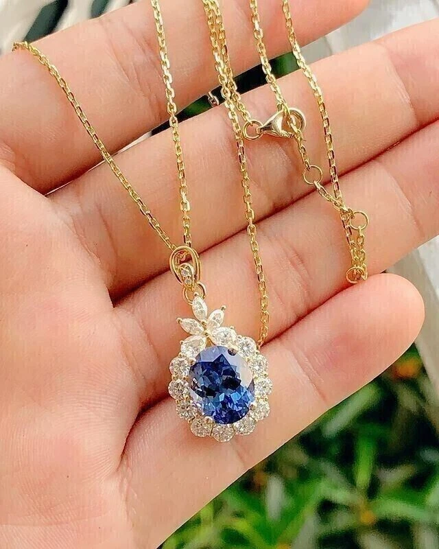 2.0CT Oval Cut CREATED  Sapphire Women's Wedding Pendant 14k Yellow Gold Plated - Image 4 of 4