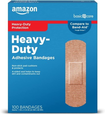 Amazon Basic Care Heavy-Duty Fabric Adhesive Bandages, First Aid 100 Count 