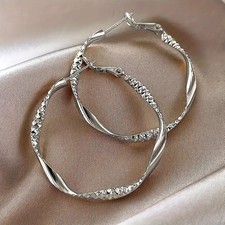 925 Sterling Silver Hoop Earrings Large 4cm Textured Twist Gift Bag UK