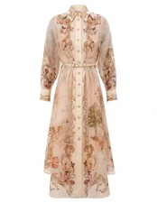 NWT Zimmermann Resort Map Print Button Front Elegant Waist Tie Shirt Dress