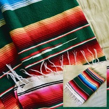 VTG Style Mexican Blanket Striped Green/Multicolor Serape Baja Saltillo Fringe
