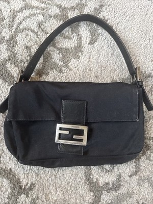 Vintage Fendi FF Baguette Black Zucca Zucchino Mini Shoulder Top Handle Bag