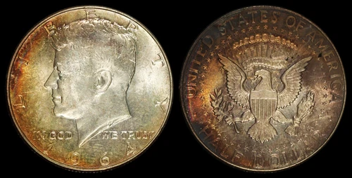 1964 Kennedy Silver Half Dollar - Rainbow Toned - Lustrous BU Uncirculated Coin