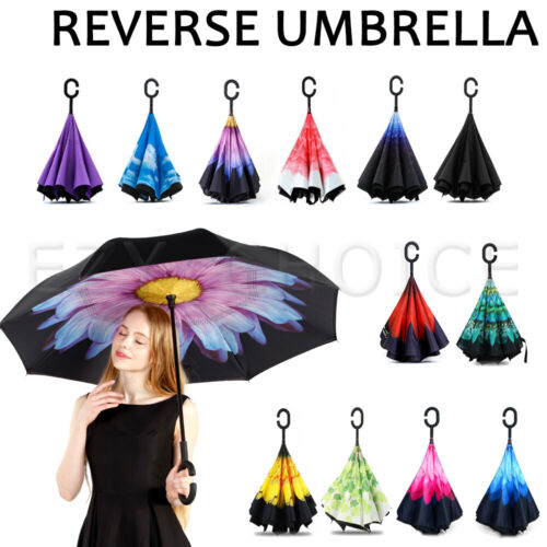 Windproof Upside Down Reverse Umbrella C-Handle Double Layer Inside-Out Inverted - Picture 1 of 16