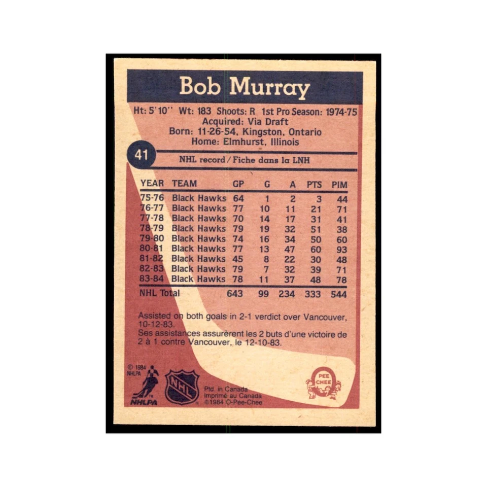 1984 O-Pee-Chee Bob Murray Chicago Blackhawks #41 - Image 2 of 3