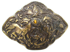 Vtg 1970s Belt Buckle Bergamot Brass Works Ornate Dragon Foo Dogs Tigers Eye C