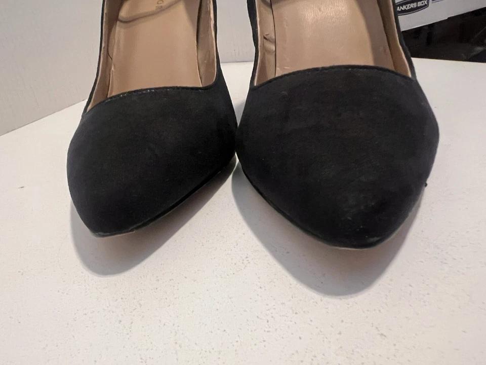 Zapatos de tacón ANN TAYLOR para mujer talla 9 con tiras hebilla al tobillo cuña gamuza negra Foto 3 de 4