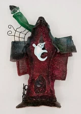 Vtg 2003 Halloween Haunted House 11" Metal Glitter Candle Holder Tea Light Ghost