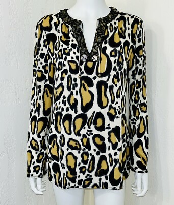 St. John SoCa Animal Print Silk Chiffon Caftan Beaded Resort Tunic Top Sz P VGC
