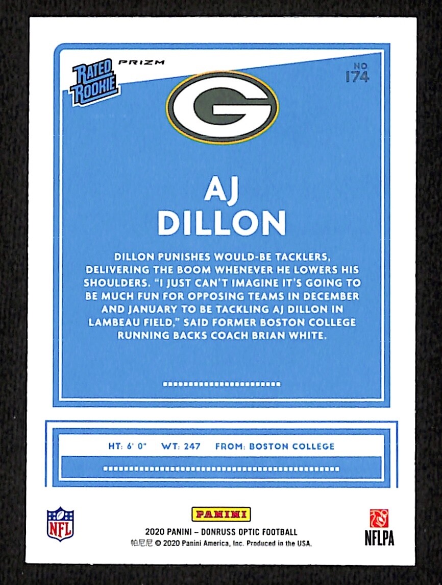 AJ DILLON 2020 PANINI OPTIC PINK REFRACTOR RATED ROOKIE #174 AJ DILLON 2020 PANINI OPTIC PINK REFRACTOR RATED ROOKIE #174