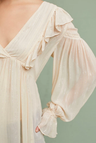 Anthropologie Ruffle Tunic Top Womens 0 Ivory V-Neck Long Sleeve Fairycore - Picture 11 of 15