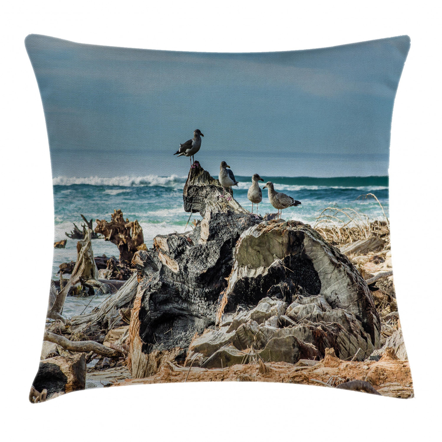 Driftwood Shore Seagull Square Digital Pillow Case 18 Inch Cushion Cover