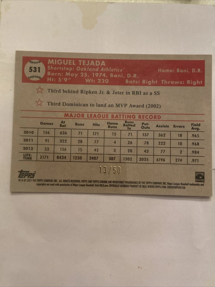 2021 Topps Chrome Platinum Anniversary Miguel Tejada Rose Gold Wave #’ed /50 - Image 2 of 3