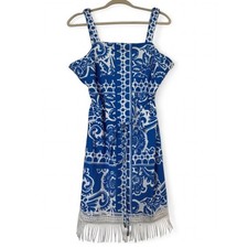 Tahari ASL blue/white border print fringe trim sheath mini dress. Size L