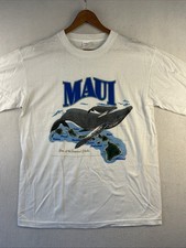 VTG Maui Hawaii T Shirt L White Whale Island 90s Print Mens Short Sleeve NWOT