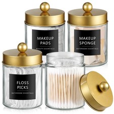 SheeChung Qtip Dispenser Holder 4pcs, Glass Apothecary Jars with Gold Stainle...