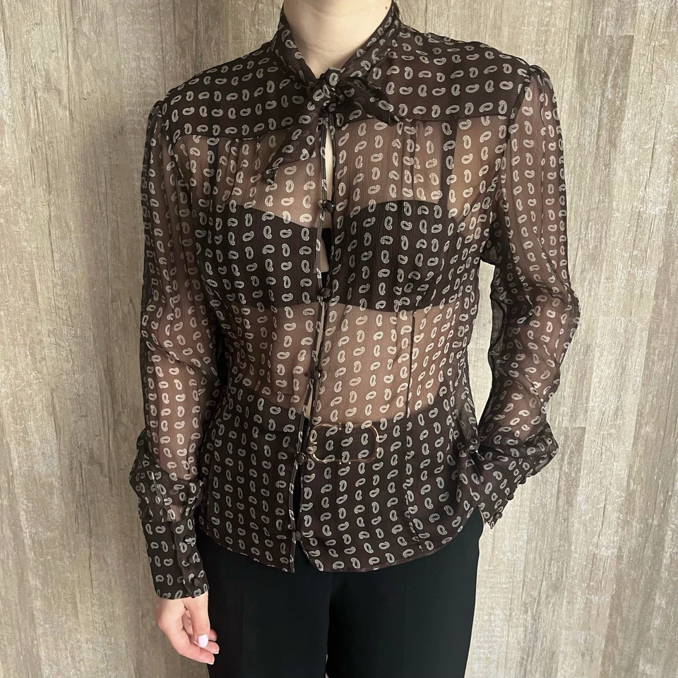 Blusa Prada Paisley Estampado Gasa 2024 Camisa Seda Talla 44 Marrón Foto 3 de 4