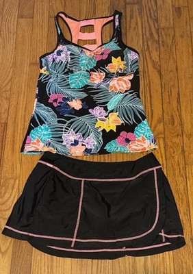 ZeroXposur Tankini Top Swim Skirt Set S Floral Black Multicolor Padded