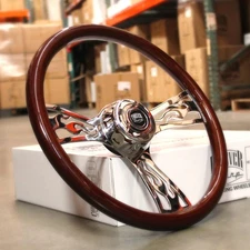 18" Steering Wheel 3 Spoke Flame Wood Chrome Big Rig