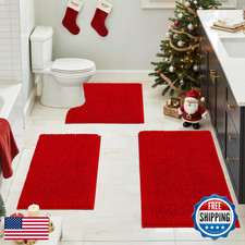 HOMEIDEAS 3-Piece Red Chenille Bathroom Rug Set - Non-Slip, Absorbent Bath Mats