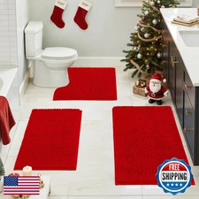 HOMEIDEAS 3-Piece Red Chenille Bathroom Rug Set - Non-Slip, Absorbent Bath Mats