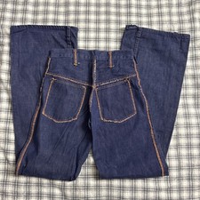 Vintage Denim Flare 1970s 6/8 28in Waist High Rise Pants Dark Denim Orange USA