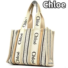 Chloe Woody Tote Shoulder Bag Linen Canvas Logo Tape Beige A4 From Japan