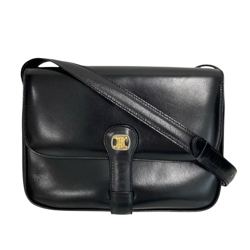 CELINE Triomphe Leather Shoulder Bag Black Vintage Italy Authentic AB Condition