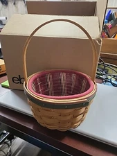 Longaberger Basket 2005 Dresden 5.5"Round 3.5"H + handle Red Stripe Fabric Liner