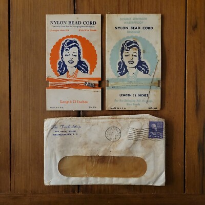 VINTAGE LOT OF 2 NYLON BEAD CORD & Frock Shop Envelope Postmarked 1953 Ephemera