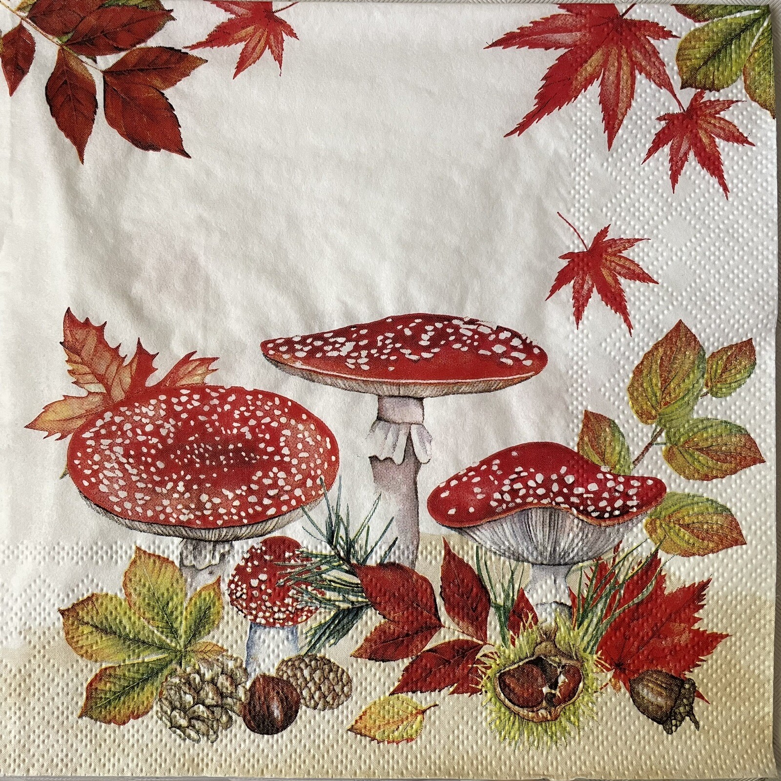 4 Luncheon paper napkins Fly Agaric Group Mushrooms Autumn Fall for decoupage