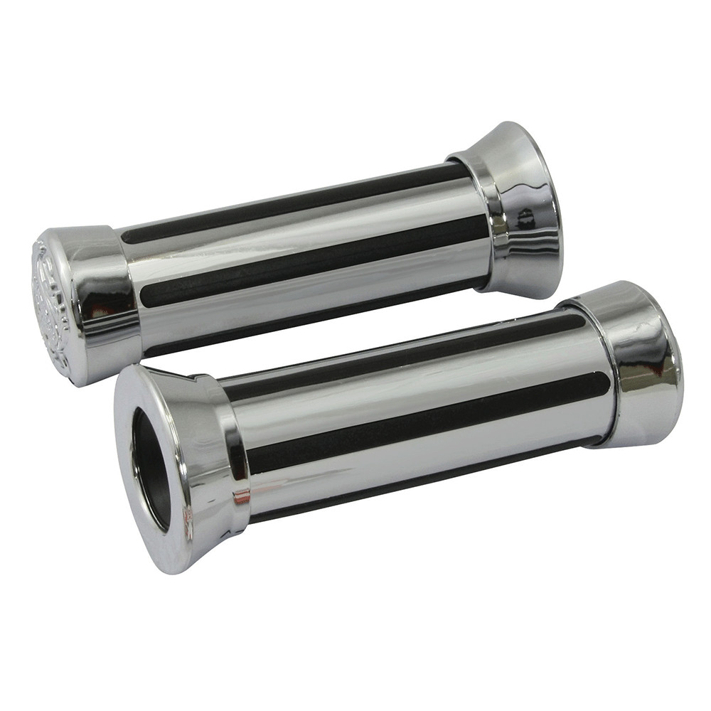 MOTORCYCLE HANDLEBAR GRIPS RAIL TYPE WITH CAP DETAIL CHROME 22/25mm 130mm LENGTH