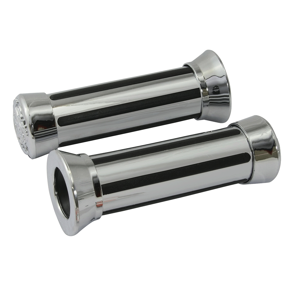 MOTORCYCLE HANDLEBAR GRIPS RAIL TYPE WITH CAP DETAIL CHROME 22/25mm 130mm LENGTH