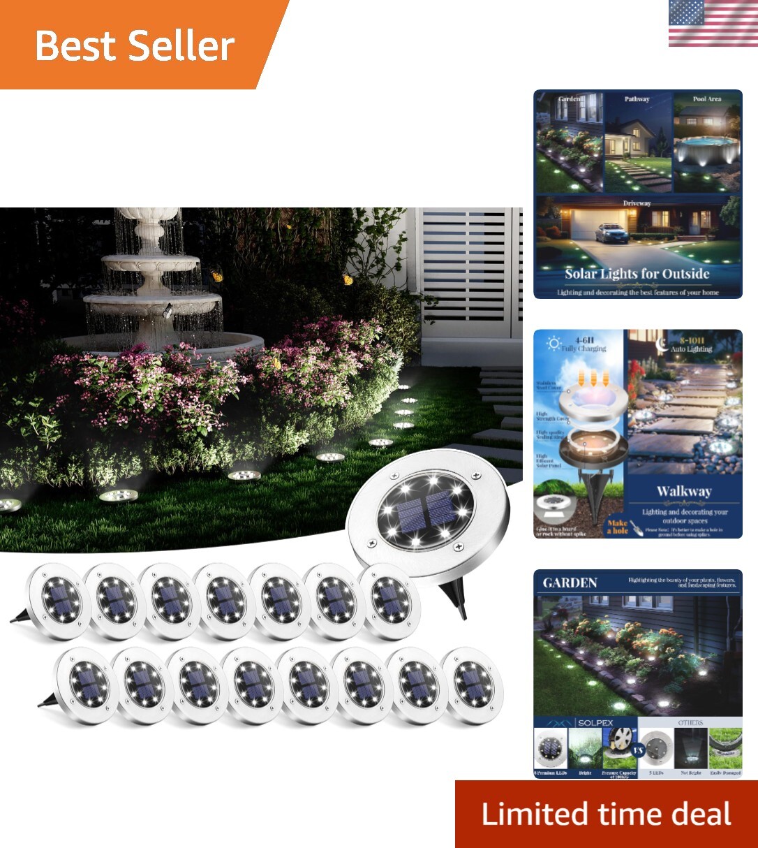 16-Pack Solar Ground Lights with 8 LEDs, Waterproof Outdoor Solar Path Lighting