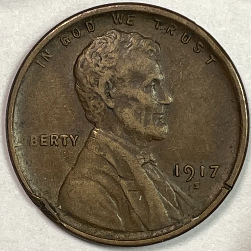 1917-S Lincoln Wheat Cent Extremely Fine XF Coin, Rim Bump #15742
