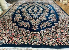 Antique Per'sian Kirman Rug 10x13, Navy Blue Floral Carpet, Fine 270 KPSI
