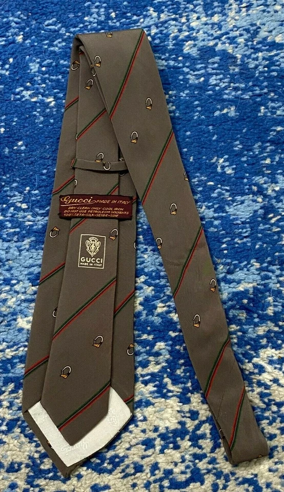 Vintage Gucci Gray Red Green Black Bias Stripes Logo Equestrian Necktie Italy - Image 3 of 4