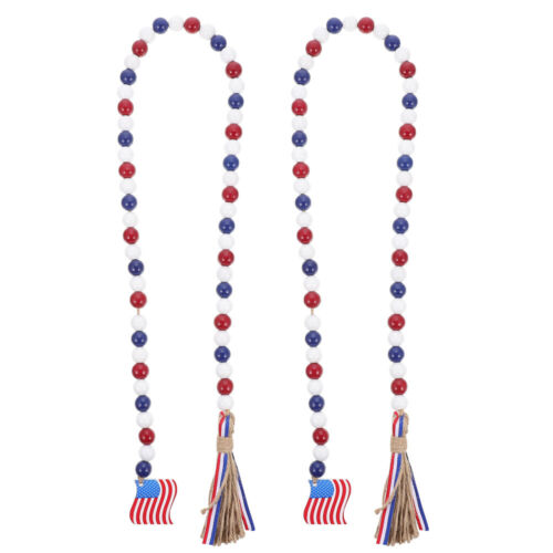  2 Pcs Red Cloth Independence Day Wooden Bead String American Flag Garland - Picture 1 of 12