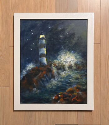 Original Nocturnal Painting Lighthouse Stormy Ocean Waves Maritime Seascape 20 
