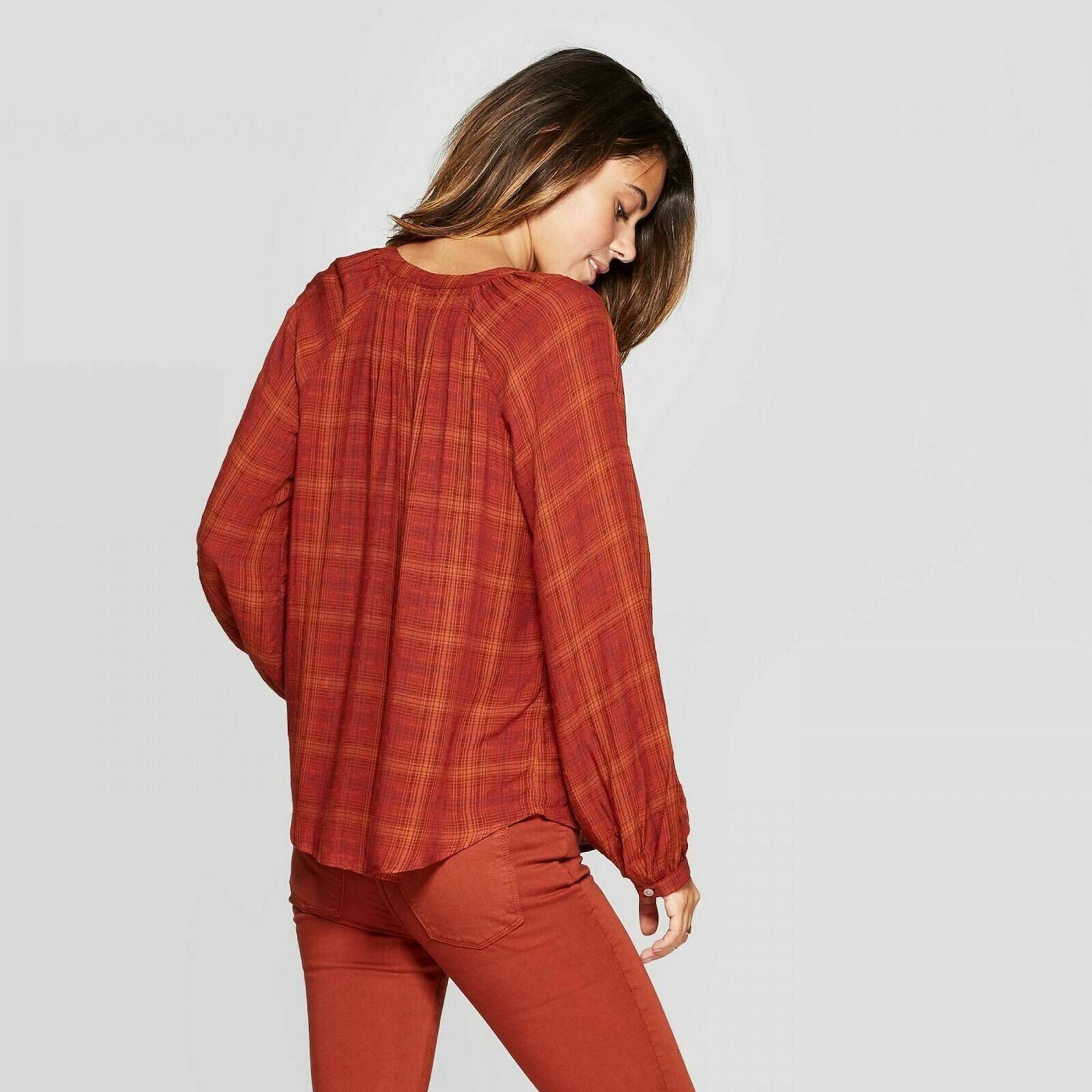 Universal Thread Top Medium Burnt Orange Plaid Bu… - image 14