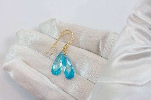 14k Solid Gold Cubic Zirconia Earrings Simulated Aquamarine CZ Silver Drops - Picture 8 of 10