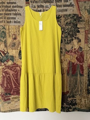 NWT EILEEN FISHER YELLOW MUSTARD RIPPLE TIERED  100% COTTON SLEEVELESS DRESS L