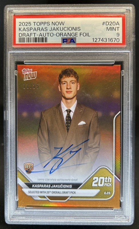 2025 Topps Now Kasparas Jakucionis Orange Foil Draft Rookie Auto RC #/25 PSA 9