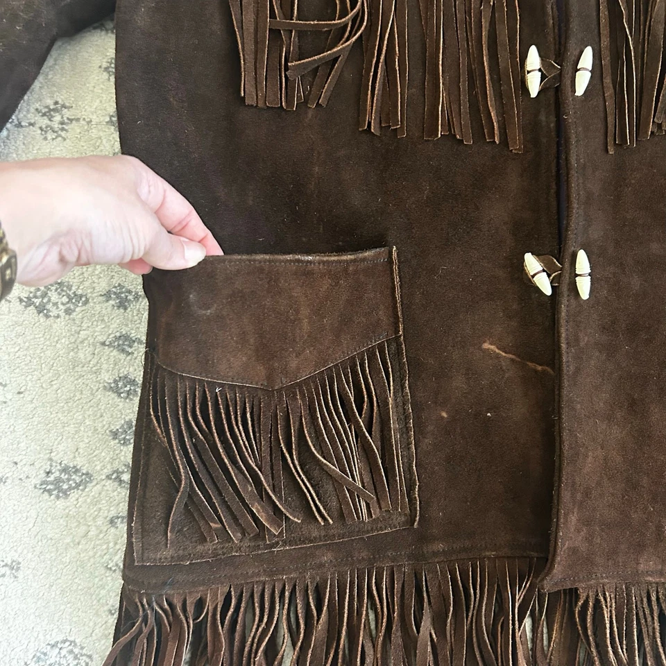 Chaqueta de Cuero Marrón Chocolate Vintage Gamuza Flecos Western Boho XL/2XL *Defecto* Foto 4 de 4