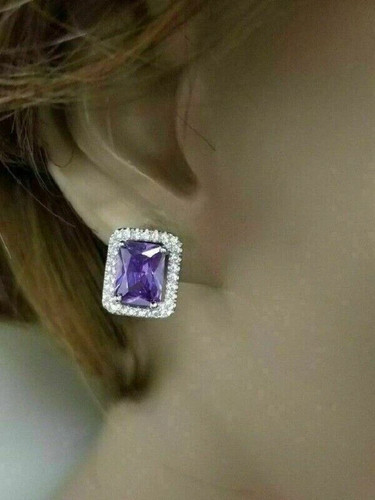 4,20Ct Szmaragdowy cięty ametyst Push Back Halo Kolczyki sztyfty 14K Białe złoto Wykończenie - Zdjęcie 3 z 4
