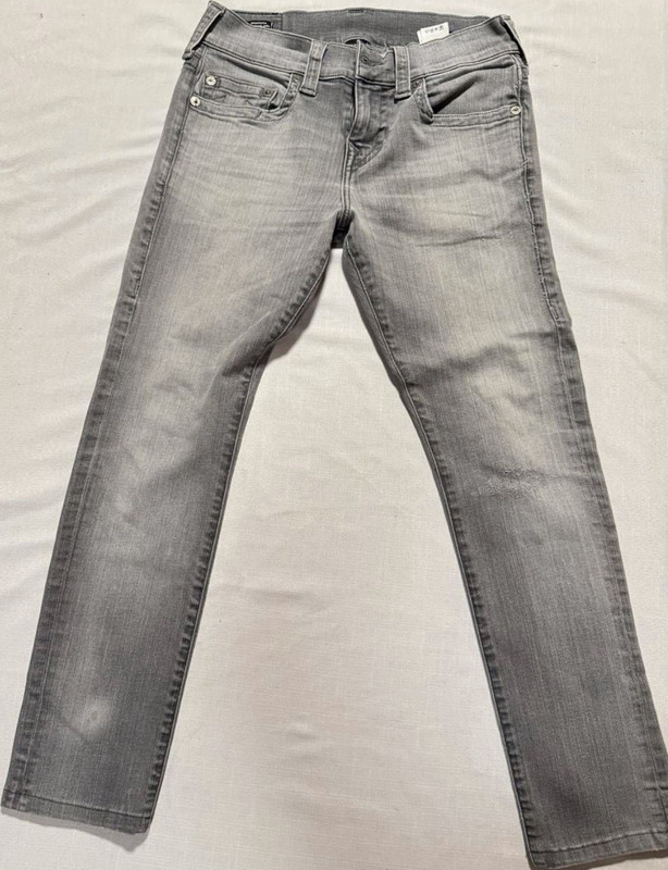 True Religion 28 Gray Denim Jeans Slim Fit Light Wash Logo 5-Pocket