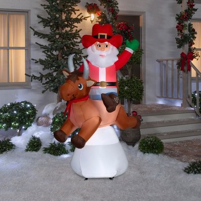 6 FT ANIMATED COWBOY SANTA CLAUS ON BUCKING BULL AIRBLOWN YARD INFLATABLE