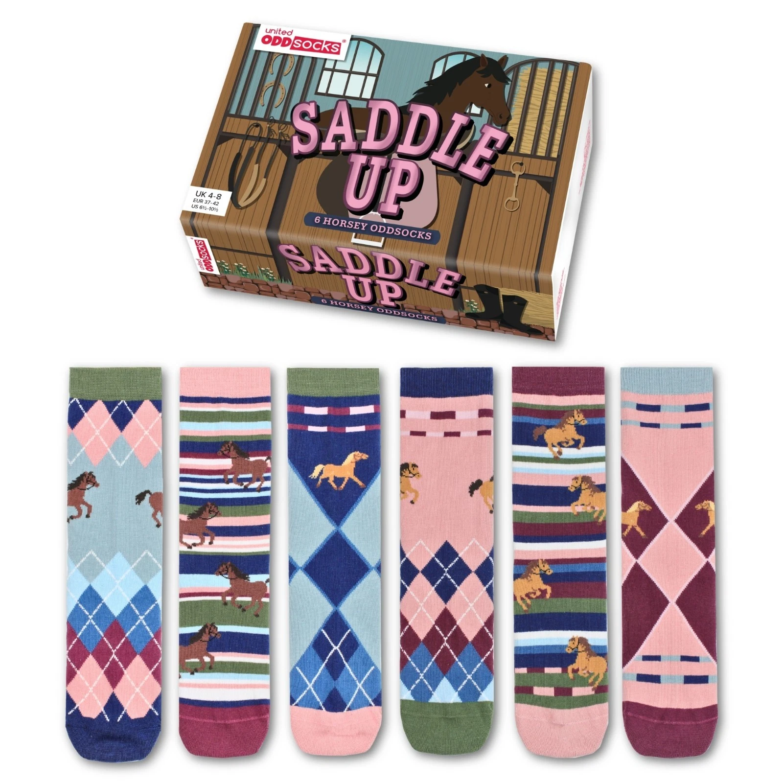 United Oddsocks SADDLE UP, 6 Horsey Odd Socks Gift Box-Ladies Size 4-8