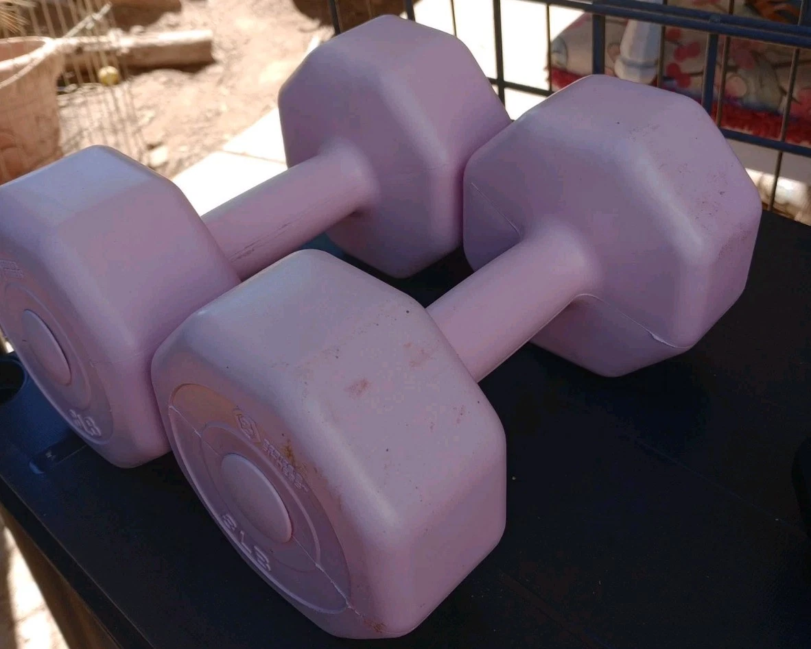 Pair of 8 lb. Blue Neoprene Coated Hex Dumbbells Hand Weights Set Total 16 lbs.